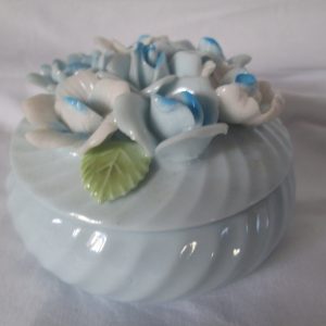 Vintage hand decorated hand made blue swirl covered trinket dish Fine China Mid Century decor collectible fine china flowers Japan