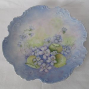 Vintage Hand painted war-time violas with light yellow centers scalloped rim raised scrolls plate