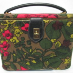 Vintage Handbag Overnight Cosmetic Bag Fabric Mod Fabric Barrel Clasp Mirror in top travel purse hard side hair care Mid Mod Large flowers