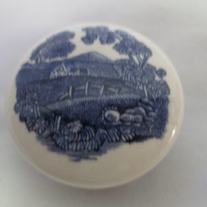 Vintage Ironstone trinket box pin ring dish lidded England Adams Blue & white Barn Landscape Scene 2 1/4" across 1 1/4" tall