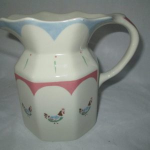 Vintage Johnson Bro England Farmhouse Chic Roosters Blue pink Green brown Great Shabby chic farmhouse pitcher stoneware water pitcher