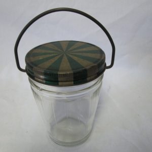 Vintage Kitchen Storage Decor Display Ribbed Pickle Jar with Metal Bail Handle Green and gold metal lid