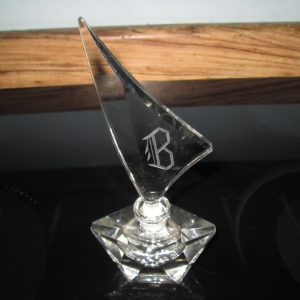 Vintage Large Crystal Perfume Bottle Monogram B Perfect condition ground crystal stopper Sailboat Shape top Beautiful Vanity Decor