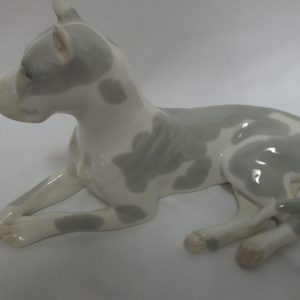 Vintage Large Lomonosov Porcelain USSR RARE Great Dane Gray White Hand Painted Dog Laying Down Pristine Condition 9 3/4" across 5 1/4" tall