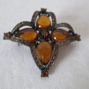 Vintage Large Topaz Color Brooch with bronze colored trim Rhinestone Brooch