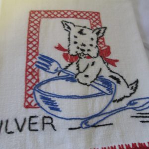 Vintage Linen Kitchen towel an embroidered Scotty dog Silver cleaning towel Blue bowl and silverware red trim on both ends 14.5"x24" Linen