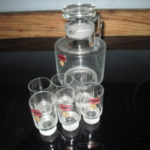 Vintage Mid Century Modern Crystal Romania hand crafted Decanter Barware w/6 small cordial shot glasses New with tags ground stopper