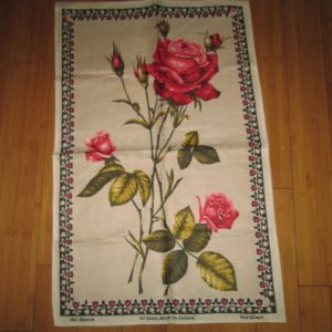 Vintage Mid Century Retro Linen Kitchen Towel Unused Bright and Vivid Colors Flowers Bright Pink Giant Roses Black pink whitetrim