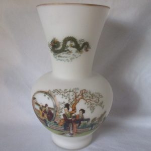 Vintage Mid century Satin Glass large Japanese Vase with Kanji writing on back dragon and people on front gold trim