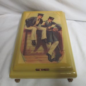 Vintage Military Top Celluloid Jewelry Box with Music player inside 1940's