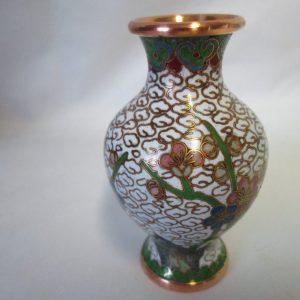 Vintage Miniature Green and White Floral Cloisonne' on Copper Vase