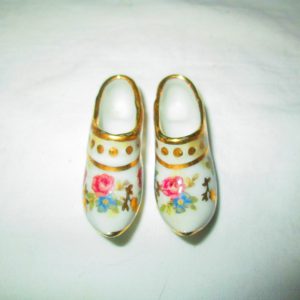 Vintage Pair of tiny limoges clog style shoes with roses fine bone china white with roses