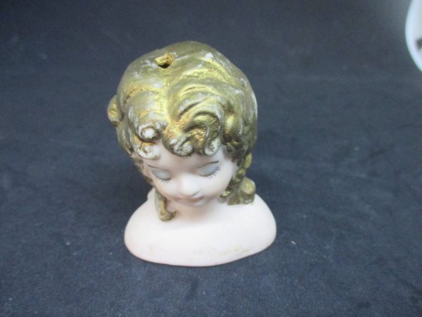 Vintage porcelain Victorian doll head collectible sewing doll making figurine blue eye shadow eyes closed gold hair