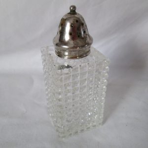 Vintage Powder Talcum container Sugar shaker Glass with Silverplate lid Squre pressed glass Vanity glass container