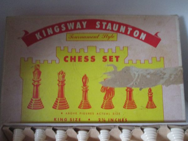 Vintage Red and White Starter Kingsway Staunton Chess Set New Old Stock Tournament Style