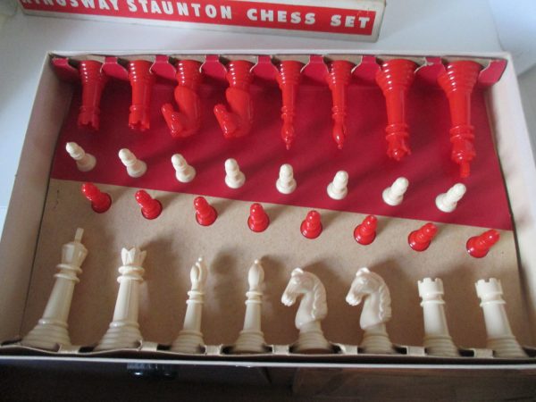 Vintage Red and White Starter Kingsway Staunton Chess Set New Old Stock Tournament Style