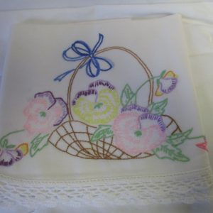 Vintage Single Pillowcae Embroidered with crochet trim Brown Basket with flowers pink purple yellow green 20.5" x 29""