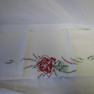 Vintage Single Pillowcae Embroidered with crochet trim red rose center green leaves and pink flowers Beautiful Shabby chic style 19" x 30"