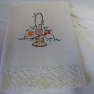 Vintage Single Pillowcae Embroidered with elaborate crochet trim Basket with flowers pink purple brown yellow green 17.5" x 36"