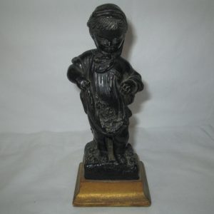 Vintage Statue Black Plaster Chalkware Girl with flowers mounted on Gold wooden base