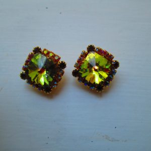 Vintage Stunning Diamond Shape Crystal and Rhinestone Earrings Gold tone backs Green Center stones Aurora Borealis around
