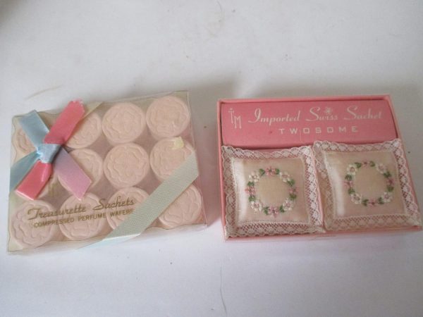 Vintage Swiss sachets & Treasurette Sachet wafers purse lingerie hankies dresser drawers collectible mid century fragrance wafers pillows