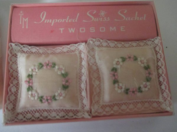 Vintage Swiss sachets & Treasurette Sachet wafers purse lingerie hankies dresser drawers collectible mid century fragrance wafers pillows