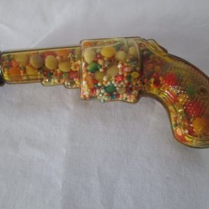 Vintage toy glass gun with original candy inside & original red metal cap Amber glass No Damaage Rare Color candy dispenser