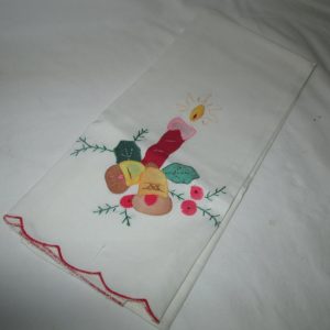 Vintage unused Christmas Holiday Tea Towel Red trim Acorns and Candle