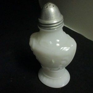 Vintage White Milk Glass Talcum Powder Shaker Scroll patterned glass metal lid Victorian Style decor vanity collectible display farmhouse