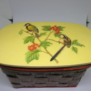 Vintage Wicker Woven Wooden Purse Box Flip lid hard size purse sewing embroidery Bird Lid Velvet trim Basket purse Lined