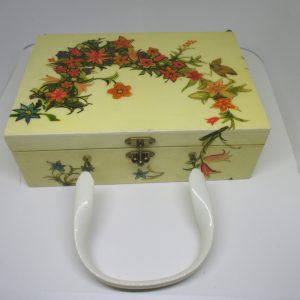 Vintage Wooden Purse with lucite handle hand painted flowers Decals Pale yellow with orange and blue