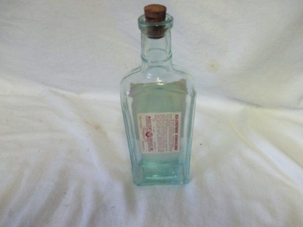 Antique medical bottle aqua blue rectangular bottle with cork pharmacy pharmaceutical collectible display apothecary medicine glass