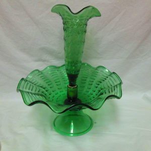 Beautiful Antique Epergene Glass Turn of the Century Green with one horn Large Base Vase Floral Arrangement Vase