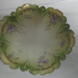 Beautiful Bavarian Green trinket dish nut dish small bowl lavender flowers and gold ornate trim scalloped rim