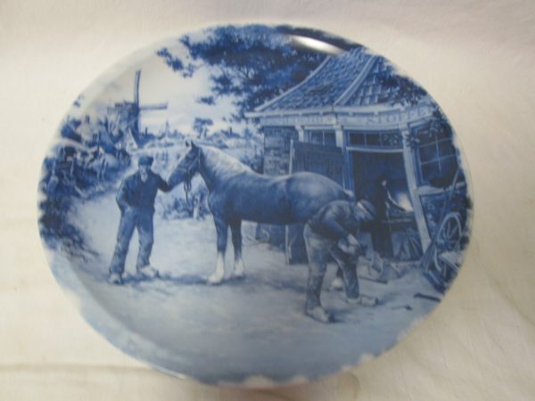 Beautiful Dutch Delft Holland Hand painted Plate Blue and White Decorative Plate Windmill Horse being shoed great detail fine porcelain