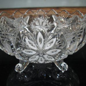 Beautiful Footed and Etched Crystal Oblong Bowl Floral Etched pattern Scalloped rim