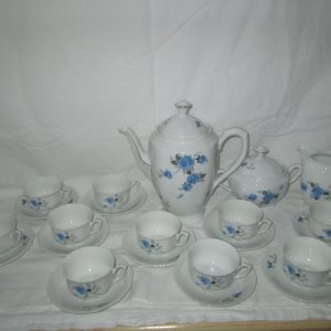 Beautiful Limoges Chocolate or Tea Set 10 Tea Cup Saucers Creamer Sugar Stunning Pattern Block style Blue Roses with Grey Retro MOD