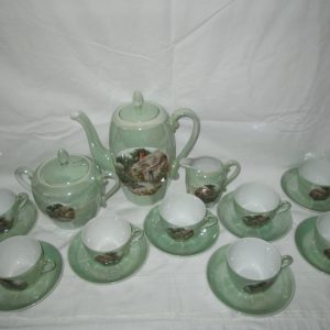 Beautiful Limoges Chocolate or Tea Set 8 Tea Cup Saucers Creamer Sugar Stunning Iridescent Pale Green panel pattern floral & home design