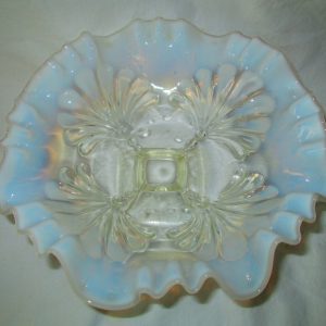 Beautiful Opalescent Ruffle rim dish white and clear Square base pedestal