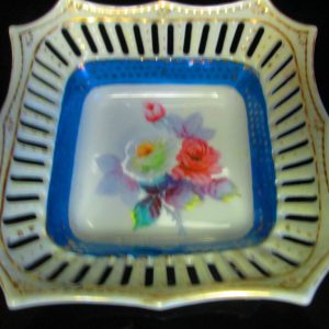 Beautiful Reticulated pierced rim porelain Hand Painted Occupied Japan Bowl Dish Floral with blue and gold