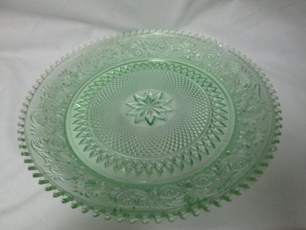 Beautiful Tiara Glass Platter Large Size light green sandwich glass Mint Condition 12" across saw tooth rim