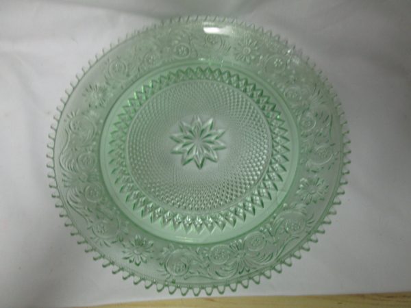 Beautiful Tiara Glass Platter Large Size light green sandwich glass Mint Condition 12" across saw tooth rim