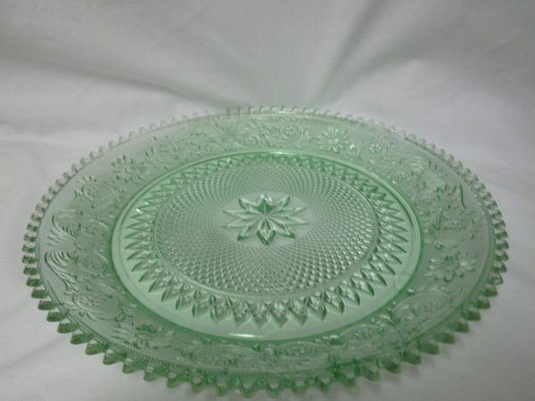 Beautiful Tiara Glass Platter Large Size light green sandwich glass Mint Condition 12" across saw tooth rim