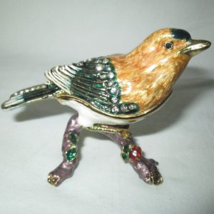 Beautiful Vintage Trinket Box Enameled bird on branch tons of rhinestones beautiful coloring