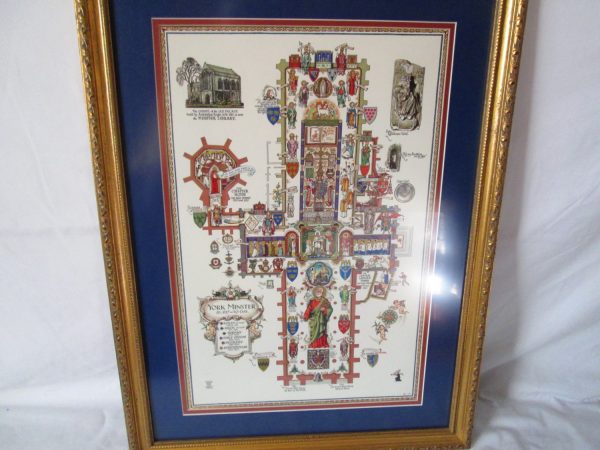 Beautiful Vintage York Minster Plan Lithograph Detailed Layout Print Framed & Matted Gold with Navy and rust matting 18" x 25"