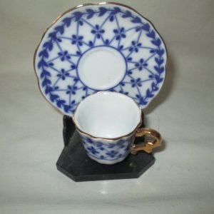 Darling Little Demitasse Tea cup and saucer Chintz blue and white pattern gold trim