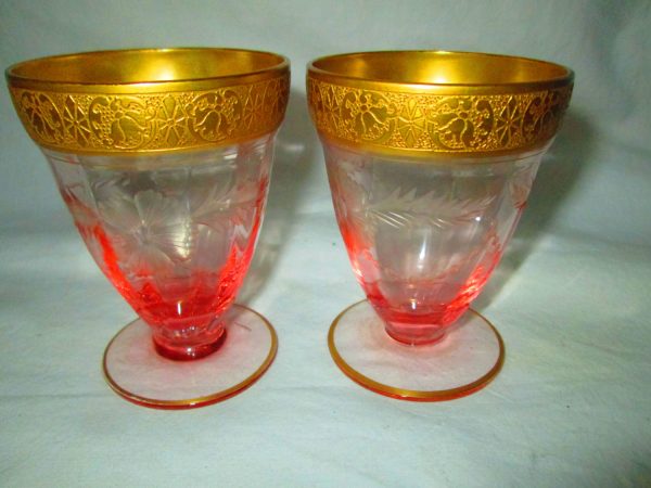 Depression Glass Pink Goblets with Gold Overlay