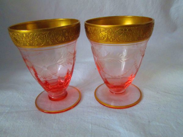 Depression Glass Pink Goblets with Gold Overlay