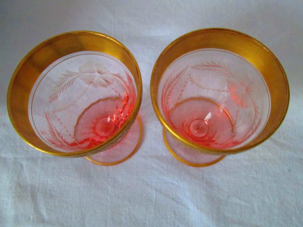 Depression Glass Pink Goblets with Gold Overlay